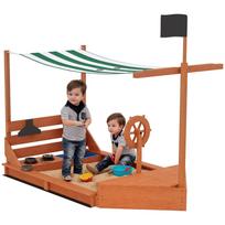 Sandbox with Sun Canopy, Pirate Ship, incl. Children's Kitchen Play Set, Solid Wood, 180 x 103 x 144.5 cm, Green 180 x 103 x 144.5 cm