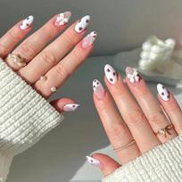 24 Pieces Short Almond Press On Nail False Nail With 3D Bows and Strawberry Pattern French Style Stick on Nail for Women 1