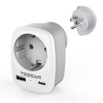 TESSAN EU to US Plug Adapter, European to USA Travel Adaptor, Most of Europe EU Spain Germany France Type C/E/F Power Adaptor 3 Outlets&1 USB C 1 USB A pilka spalva