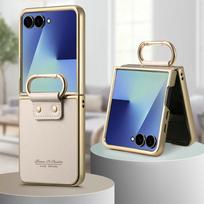 Z Flip7 5G Luxury Case for Samsung Galaxy Z Flip 7 FE Armor Leather Back Panel Ring Cover for Galaxy Z Flip 6 5 4 Funda Etui Galaxy Z Flip7 smėlis