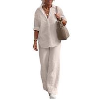 European and American cross-border women's two-piece set, women's 2026 lapel long-sleeve shirt, spring/autumn casual solid color pants wide-leg set S