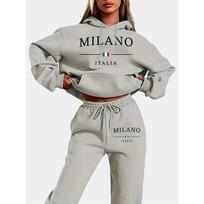 Cross-border European and American foreign trade new women's clothing trendy and casual loose hooded sweater set printed medium and women's large size S