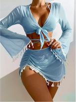 2026 Women's Tassel Mesh Bikini Set: Conservative Swimsuit & Cover-up Skirt Extra Large mėlyna