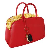 Red Handbag Popcorn Bucket with Pendant for Women Red Tote Bag PU Leather Party Candy Container for Movie Nights and Parties