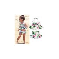 Charming 2pcs Girls Ruffle Floral Bikinis Set Featuring Adorable Flamingo Design 120cm