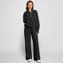 Fashionable Women's Two-piece Zipper Sweatshirt Wide-leg Sweatpants Casual Suit M juoda