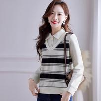 JOHLIN DREAM Faux Two-Piece Casual Striped Long Sleeve Sweatshirt M juoda