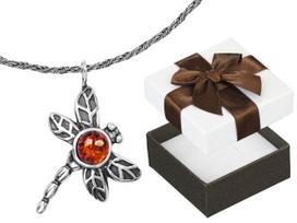 Long Silver Oxidized Dragonfly Necklace with Amber Silver 50 Cm