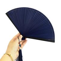 Chinese Style Folding Bamboo Fan Solid Color Kimono Fan Tassel Folding Fan  Lady Dance Props Dark Blue