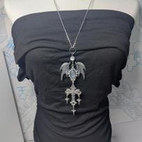 Retro Crystal Witch Wings Cross Pendant Necklace Long Sweater Chain Gothic Accessories for Women A1