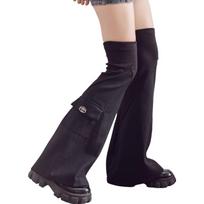 Womens Punk Flared Baggy Jean Leg Cover with Rhinestones Pocket Harajuku Ribbed Cuffs Leg Warmers Thigh High Long Socks 1
