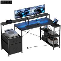 Gaming Desk L-Shaped Desk with LED & Power Outlets, with Dual Monitor Stand, 165x80x91.5 cm, Black Wood Look 165 x 80 x 91.5 cm