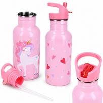 Vaikiška metalinė gertuvė su šiaudeliu „Vienaragis“, rožinė, 500 ml, Vadobag