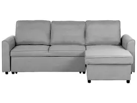 Išskleidžiama 3 vietų kampinė sofa NESNA, šviesiai pilka, su patalynės dėže, kairinė