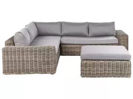 Sodo kampinė sofa su pufu 6 asmenims PALERMO šviesiai ruda technorattanas, modulinė