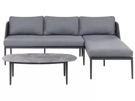 L formos sodo kampinė sofa su staliuku LEFFE kairinis pilkas metalinis