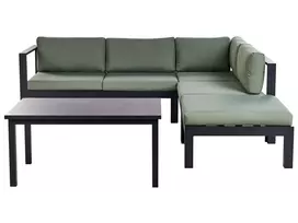 Sodo kampinė sofa su staliuku 5 asmenims MESSINA kairinė žalia metalinė
