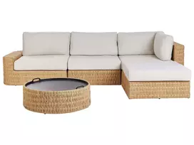 Sodo kampinė sofa su staliuku 4 asmenims OLIVERI Kairinė Smėlio spalvos dirbtinis ratanas