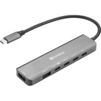 Sandberg USB-C 6-in-1 MediaDock 136-77, 54g, pilkas, USB-C, Windows 11, 1xHDMI, 6 prievadai, 19cm, 4xUSB-C, 100W, PD 3.0