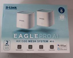 SALE OUT. D-Link M15-2 EAGLE PRO AI AX1500 Mesh System D-Link EAGLE PRO AI AX1500 Mesh System M15-2 (2-pack) 802.11ax 1200+300Mbit/s 10/100/1000Mbit/s Ethernet LAN (RJ-45) ports 1 Mesh Support Yes MU-MiMO Yes No mobile broadband Antenna type 2 x 2. M15-2SO | 2000001317242