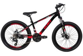 Kalnų dviratis 24", 9–12 metų, shimano, lengvas rėmas 11", 130–155 cm, 21 pavara, aluminium, amortizacija, juoda/raudona, Davi Montaro
