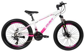 Kalnų dviratis 24", 9–12 metų, shimano, lengvas rėmas 11", 130–155 cm, 21 pavara, aluminium, amortizacija, rožinė/balta, Davi Bella
