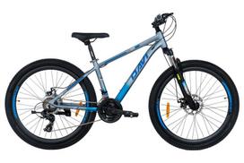 Kalnų dviratis 26", shimano, lengvas rėmas 13", 140–170 cm, 21 pavara, aluminium, amortizacija, pilka / mėlyna, Davi Montaro