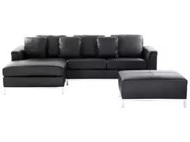 5 vietų kampinė sofa OSLO, natūrali oda, juoda su otomanu, dešininė