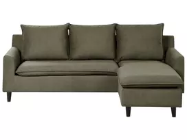 Trivietė kampinė sofa ELVENES, veliūrinė, tamsiai žalia, kairinė