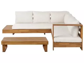 Sodo kampinė sofa su staliuku 5 asmenims MARETTIMO kairinė ruda sertifikuota akacijos mediena