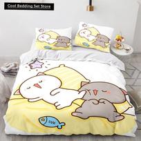Lovely Peach Cat Bedding Set Cartoon Comforter Sets Double Queen King Twin Full Size Duvet Cover Set Kids Girls White Bed Linen EU single(135x200cm)