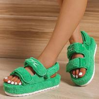 Summer Thick Flat Slides Sandals Girl Fashion Casual Beach Shoes Ladies Open-Toe Plus Size Shoes Fur Platform Sandals Women 35