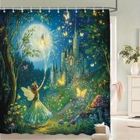 Enchanted Fairy Castle Waterproof Mildew-Resistant Shower Curtain -Magical Forest Design for a Fantasy Bathroom Décor Experience W90XH180cm