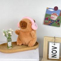 Cute capybara with headphones kids toy head cover cappibala doll keychain pendant soft stuffed animal doll couple keychain gift