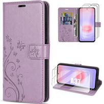 Coque + 2 Verres Trempés pour Samsung Galaxy A37 5G, Antichoc Synthécuir Motif Papillon Violet violetinė