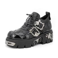 Retro roko batai moterims Nauji tamsiai punk odiniai batai metaliniai nišiniai žemi aukštakulniai moteriški trumpi motociklo batai 36 juoda