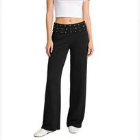 Womens Low Waist Wide Leg Flared Sweatpants Yoga Pants with Fold Over Waistband and Decorative Studs Design L juoda