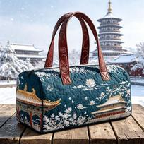 Teal Blue Quilted Duffel Bag Tote Handbag Fitness Beach Bag 3D Bohemian Inspired by East Asian Architecture Nature Mixed Color Leisure 16''x8''x8''