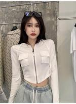 Women's Hooded Long Sleeve Zip Up Cropped Jacket Slim Fit Casual Pocket Solid Color Y2K Streetwear Hoodie S