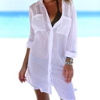 Crinkle Fabric Two Pockets Concealed Button Bikini Jacket Shirt SwimsuitWomen S