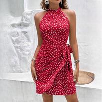 GMXIA Women's Summer Fashion Hanging Neck Zip Sleeveless Floral Pleated Short Dresses S