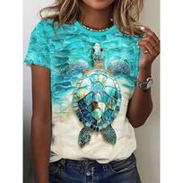 Ladies' Casual Short Sleeved T-shirt with Vibrant Turtle Mosaic Art Print - Turquoise and Gold Summer Top S
