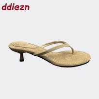 Fashion Spring Summer Thin Heels Female Flip flops Sandals Shoes For Women Fashion Round Toe Ladies Heeled Sandals Slides Shoes Pumps 35 chaki