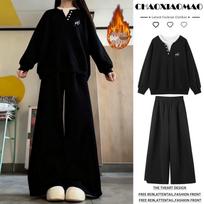 Korean Style Two-Piece Hoodie and Wide-Leg Pants Set for Women - Plus Velvet Thickened Fashion M