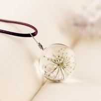 Dandelion Flower Pendant Necklace Time Gem Glass Ball Pendant Necklace Travel Souvenir Dried Flower Pendant Necklace Lace Flower Design One Size