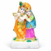 Radhos ir Krišnos figūrėlė, marmuro dulkės, daugiaspalvė su auksiniu poliravimu, 9 cm aukščio, tradicinė hindu dievybės statula orange