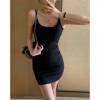 Women's High Waist Slip Dress Slim Bodycon Mini Dress Summer Cotton Blend Spandex Solid Color Sexy Spaghetti Strap Backless Club Party Casual Dress SIZE juoda
