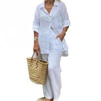 2026 spring and summer cross-border new foreign trade women's clothing lapel long-sleeved cardigan, top and pants two-piece set S