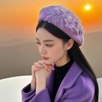 Fashion Hat Purple Pearl Embroidered Floral Wool Beret Pumpkin Hat for Women 56-60cm adjustable