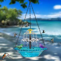 Outdoor Hanging Solar Bird Bath Fountain Double-Tier Water Feature with Feeder Tray for Hummingbirds, Ideal Garden Pond Patio Yard Decorative Ornament mėlyna